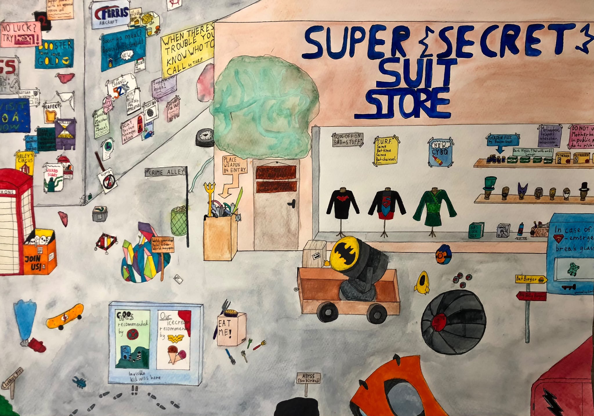 Fantasievolle, detailreiche Illustration eines Superhelden-Geschäfts von Julian Wolf, 16 Jahre