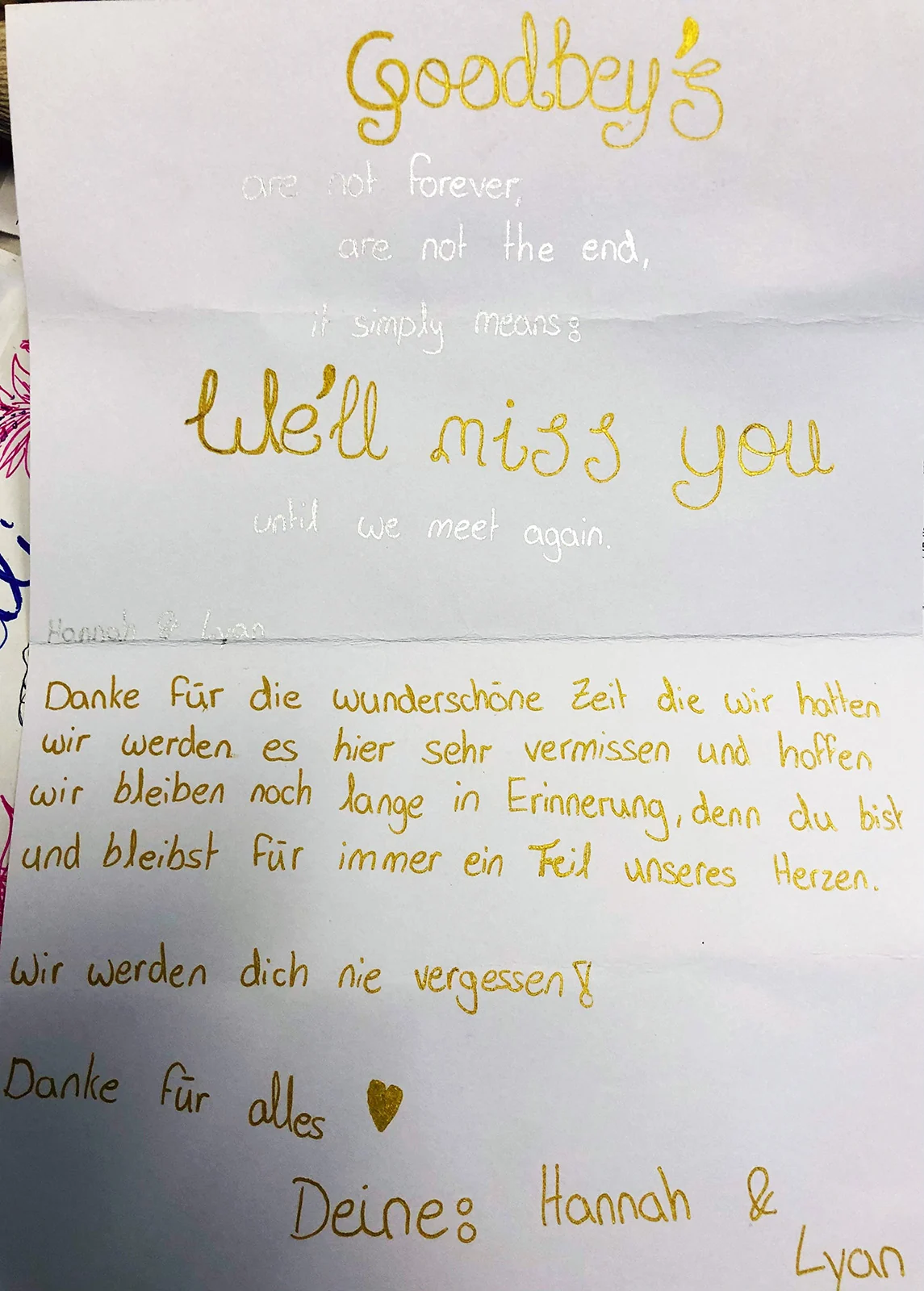 Handgeschriebene Abschiedsworte von Hannah und Lyan an Lilia