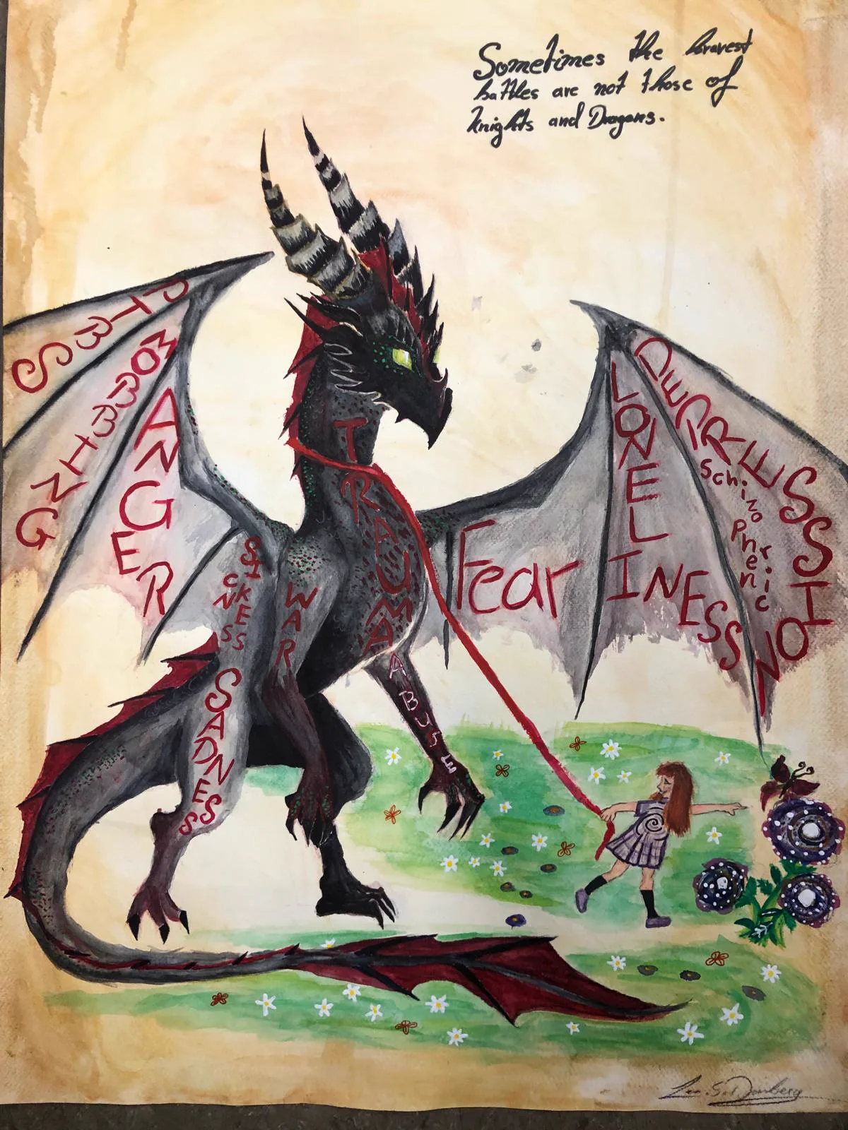 Aquarell mit einer Drachenfigur von Lara Domberg, 17 Jahre