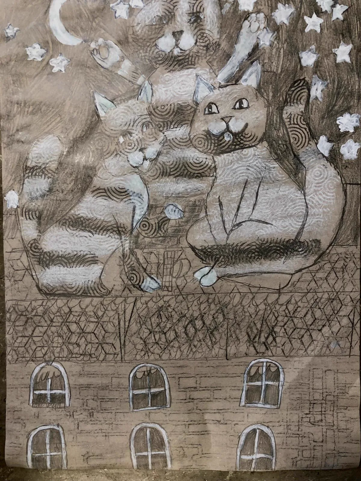 Katzen auf einem Dach, gestaltet von Enie Bleyleven, 8 Jahre, mit Graphit und Gouache